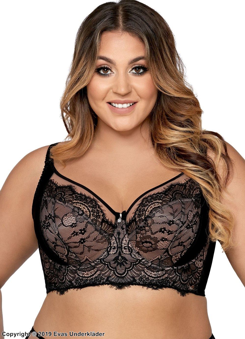 Soft longline bra, lace overlay, straps over bust, B to J-cup